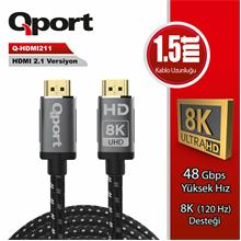 Qport 1.5 Metre Q-Hdmı211 2.1V 8K Altın Uçlu Örgülü Hdmı Kablo (Q-Hdmı211)