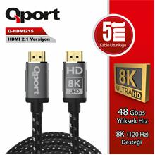 Qport 5 Metre Q-Hdmı215 2.1V 8K Altın Uçlu Örgülü Hdmı Kablo (Q-Hdmı215)