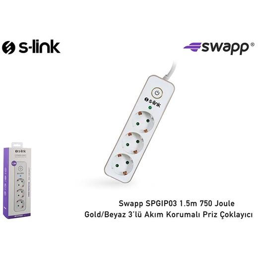 S-Link Swapp Spgıp03 1.5M 750 Joule Gold Beyaz 3Lü Akım Korumalı Priz Çoklayıcı(Kablo P S-Link Spgıp03)