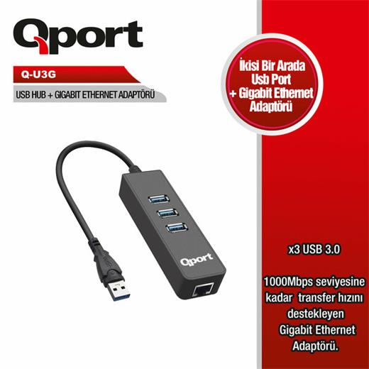 Qport 3 Port Usb Çoklayıcı + Rj45 Ethernet Hub (Q-U3G)