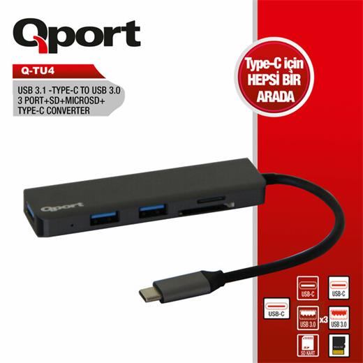 Qport Q-Tu4 Type-C To Usb 3.0 + Sd + Mıcro Sd Çevirici