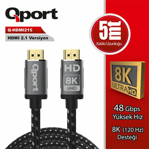 Qport 5 Metre Q-Hdmı215 2.1V 8K Altın Uçlu Örgülü Hdmı Kablo (Q-Hdmı215)