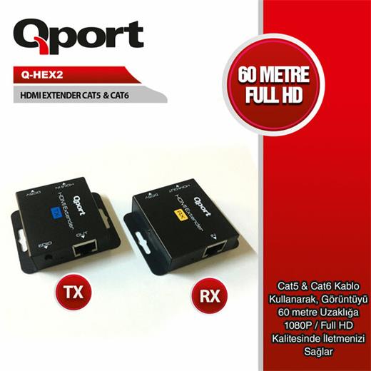 Qport 60 Metre Hdmı Extender Cat6 60M 2Li Paket (Adaptör Dahil) (Q-Hex2)